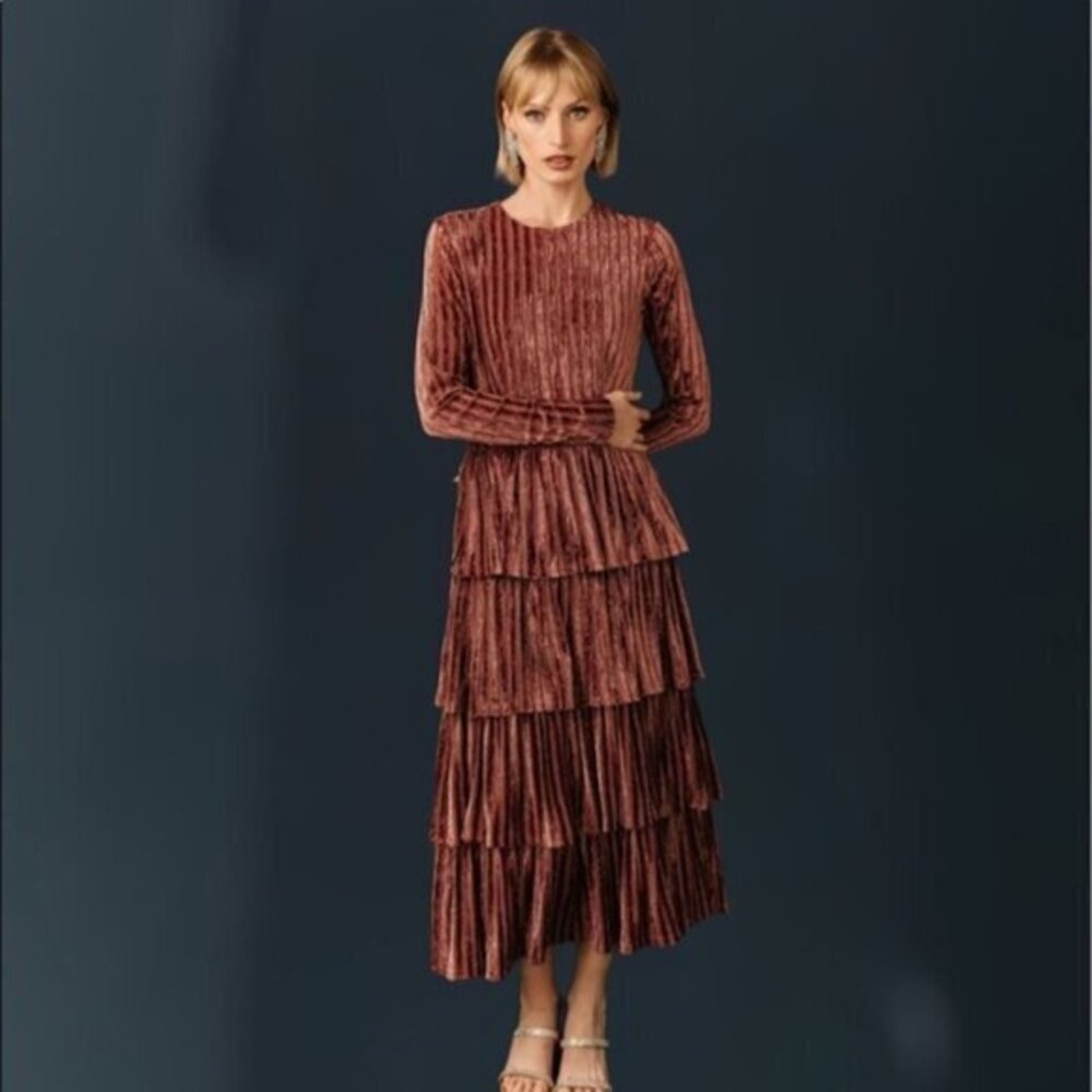 Jessa Kae Eiffel Midi Dress Velvet Tiered Ruffles Whimsigoth Dark Romance Pink